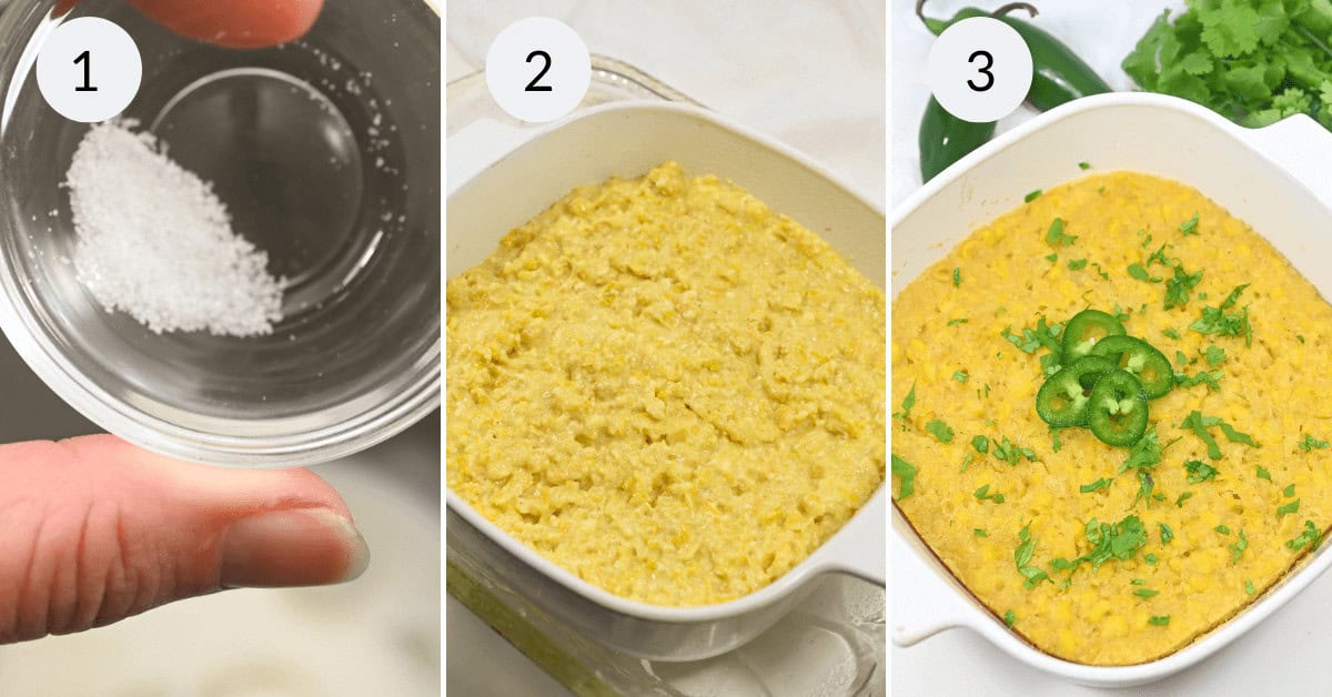 Three-step cooking process: 1) measuring ingredients, 2) cooking in a baking dish, 3) finished dish garnished with herbs and sliced chili.