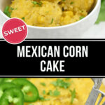 A bowl of Mexican corn cake, garnished with parsley, alongside jalapenos and a serving fork.