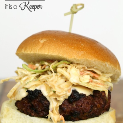 Asian Burger with Thai Chili Sauce recipe - this grilled burger is topped with a Thai chili sauce and Asian slaw