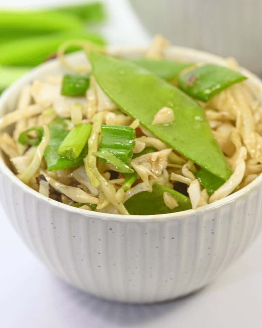 A white bowl filled with stir-fried noodles, snow peas, chopped green onions, and other vegetables, complemented by a side of fresh Asian coleslaw.