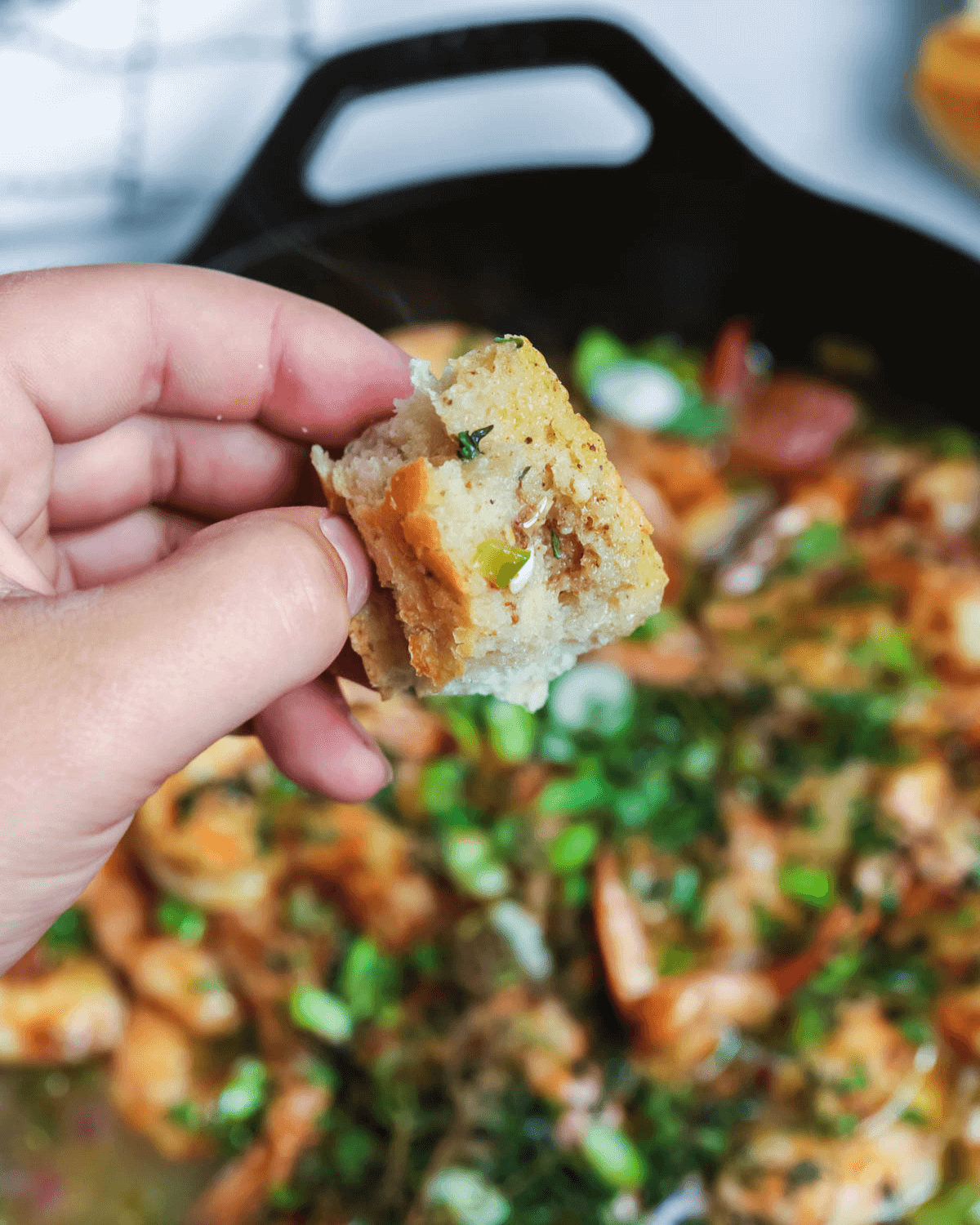 A hand holding a piece of bread in the sauce.