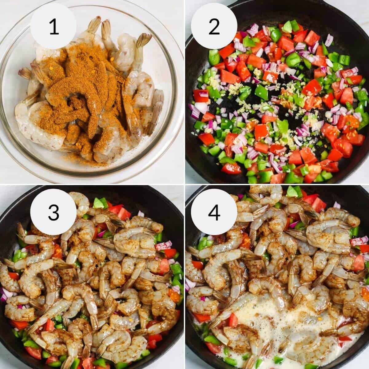 Seasoning the shrimp, preparing the vegetables and cooking the dish.