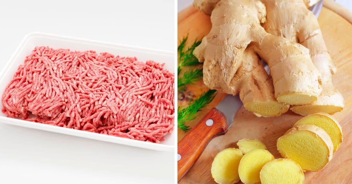 Split image of ground meat in a white tray on the left, and ginger root with sliced pieces on a wooden cutting board with a knife on the right, suggesting an Asian Burger fusion.