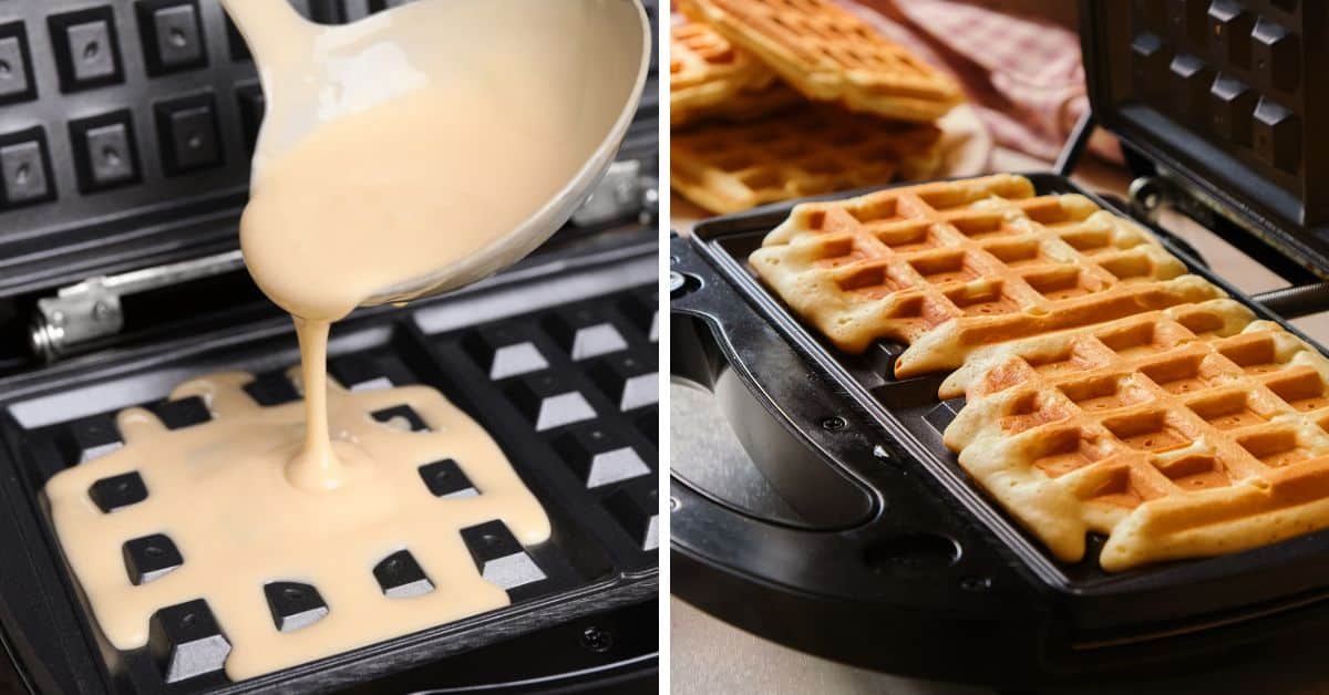 Batter on a waffle maker and the finished bisquick waffle.
