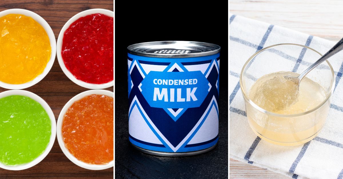 A can of milk, a can of jelly, and a spoon - the perfect ingredients for creating a delightful jello mosaic!