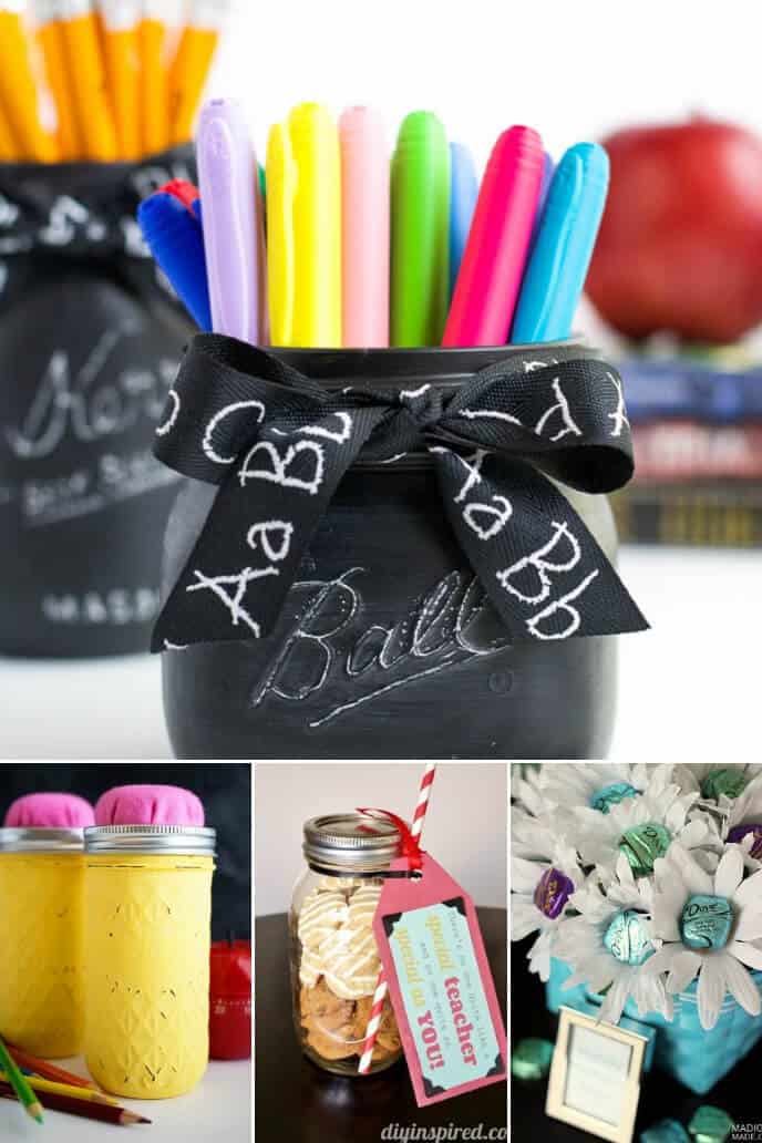 A collection of DIY teacher gifts made from mason jars