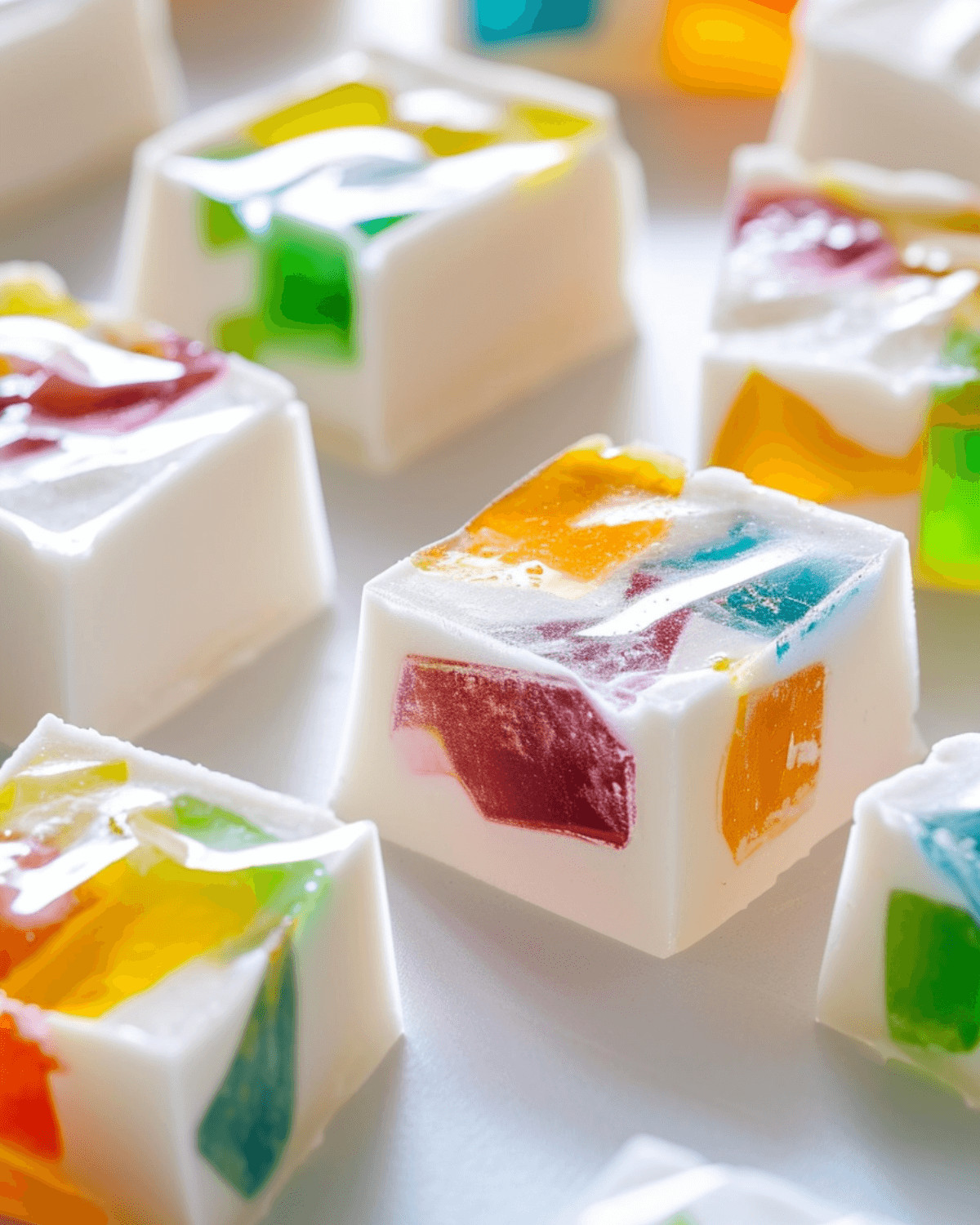 Mosaic-inspired gummy jello squares on a white surface.