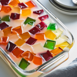 Colorful cubes arranged in a glass dish.