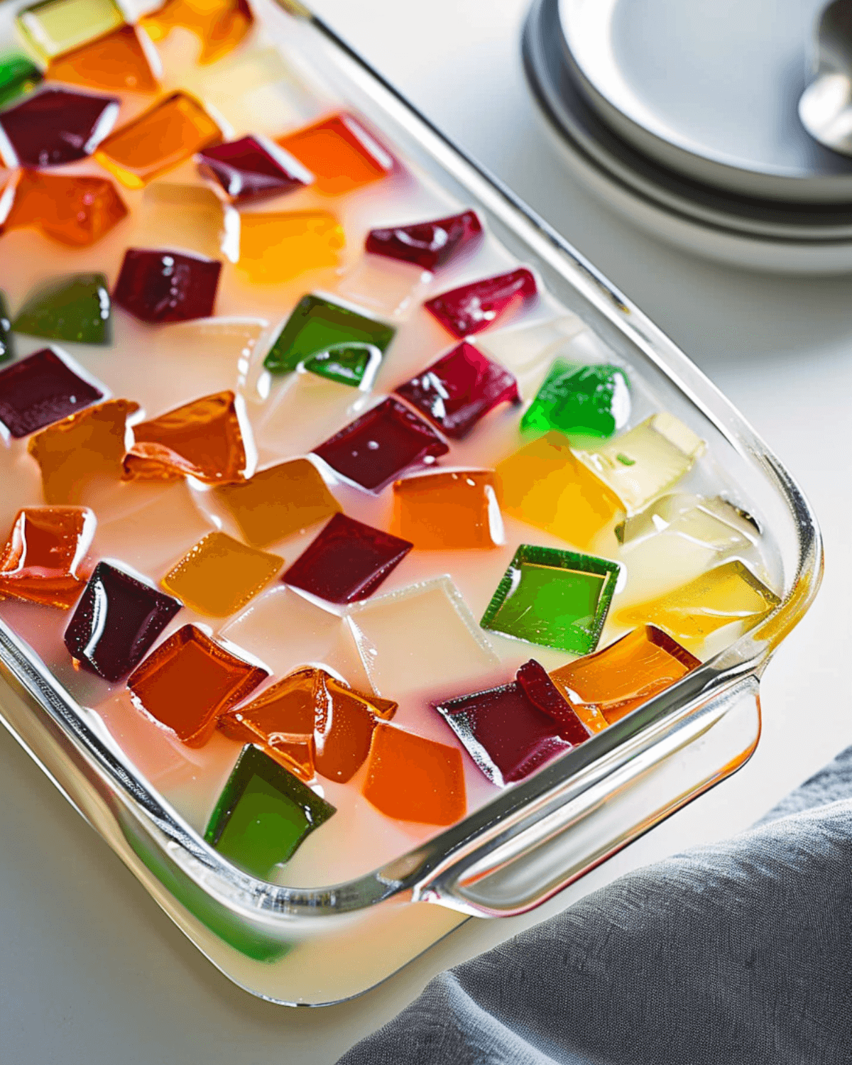 Colorful cubes arranged in a glass dish.