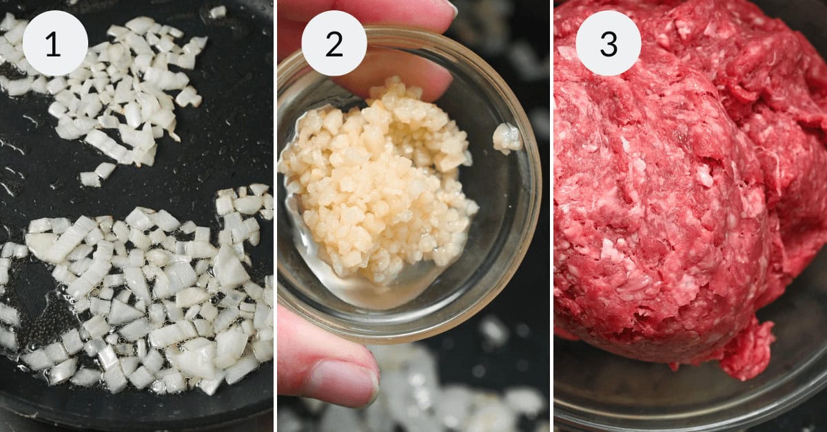 1. chopped onions sautéing in a pan for lazy lasagna.  
2. minced garlic in a small glass bowl.  
3. fresh ground beef in a glass bowl prepared for lazy