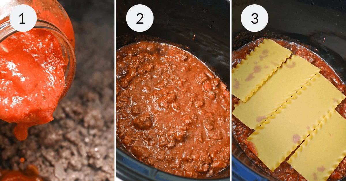 Three-step lazy lasagna cooking process: 1. pouring tomato sauce from jar, 2. close-up of cooked ground meat with sauce in pan, 3. lasagna sheets layered over meat