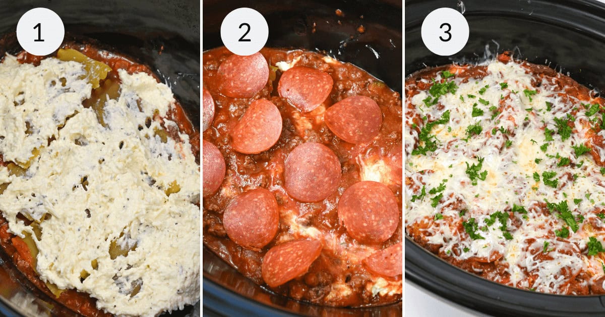 Three-step cooking process shown in a slow cooker for lazy lasagna: 1) ingredients layered with cheese, 2) topped with pepperoni, 3) finished dish garnished with parsley.