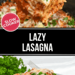 A lazy lasagna slow cooker with a layer being lifted with a spatula, showcasing melted cheese and meat sauce, garnished with parsley.