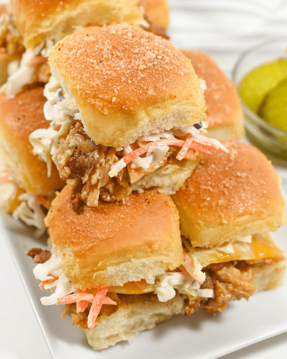 A close up on the bbq chicken sliders.