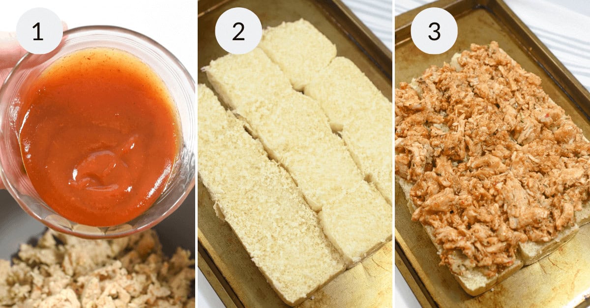 Grill and shredding the chicken and adding he sauce.