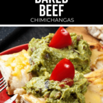         Baked beef chimichangas with guacamole and cheese.