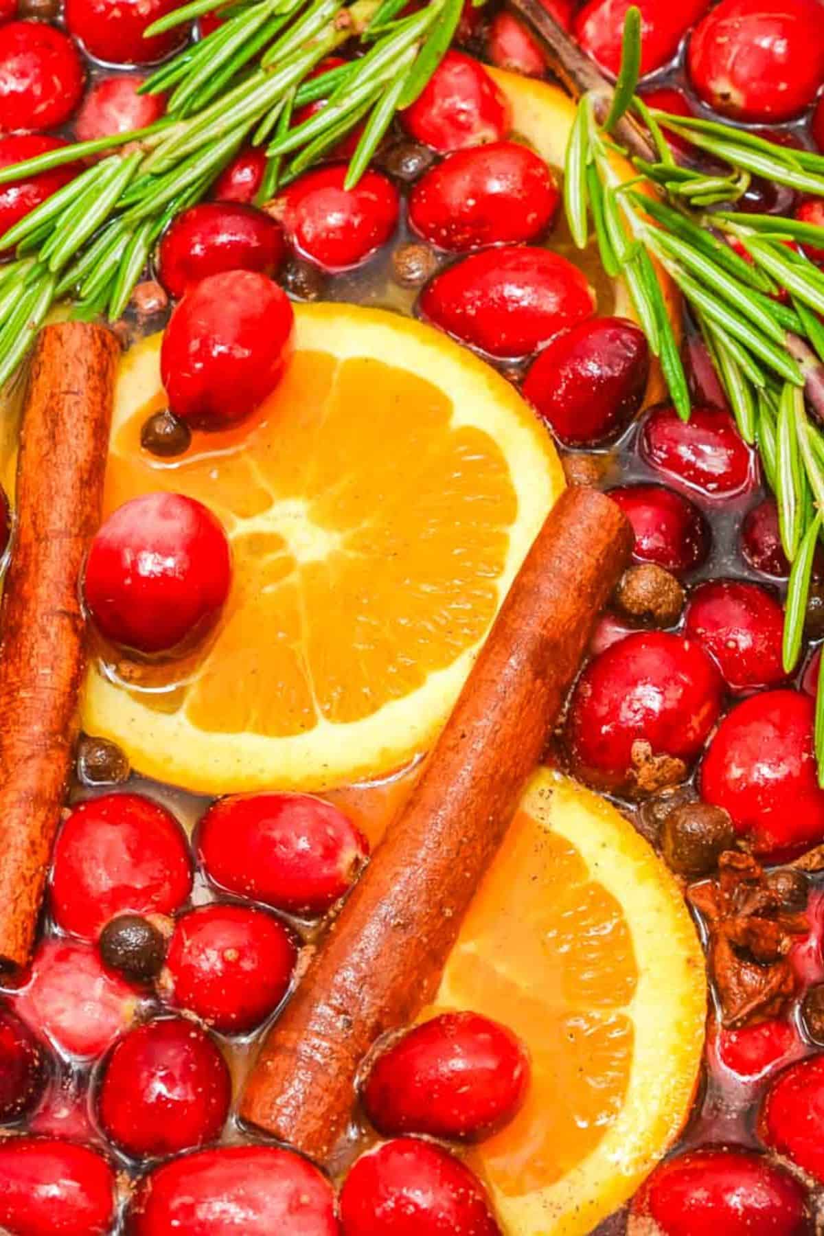 Slices of orange, fresh cranberries, cinnamon sticks, rosemary sprigs, and spices float in a festive Christmas Simmering Pot for a cozy holiday aroma.