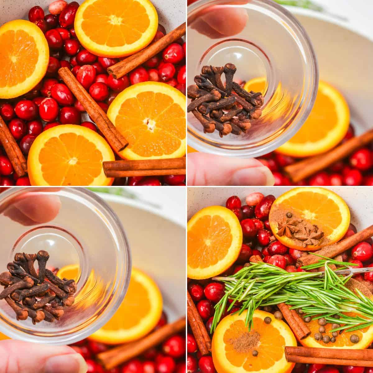 Four-step collage showing orange slices, cranberries, cinnamon sticks, cloves, allspice, and rosemary being added to a pot—perfect ingredients for a festive Christmas Simmering Pot.
