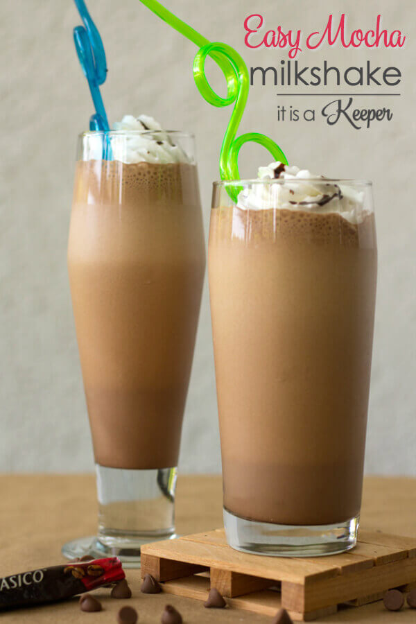Mocha Milkshake in a glass cup with whipped cream and curly straw