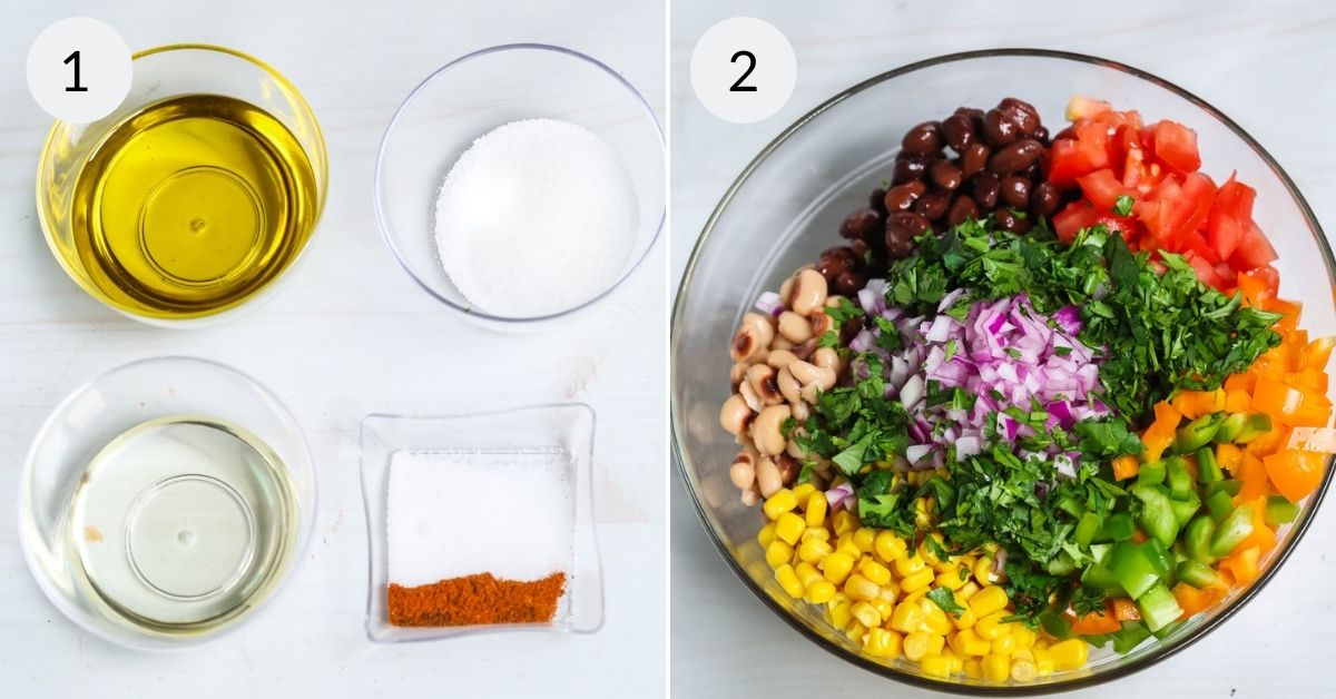 Two images showing ingredients for Redneck Caviar; on the left, bowls with oil, sugar, vinegar, and spices; on the right, a bowl with mixed beans, chopped vegetables, and