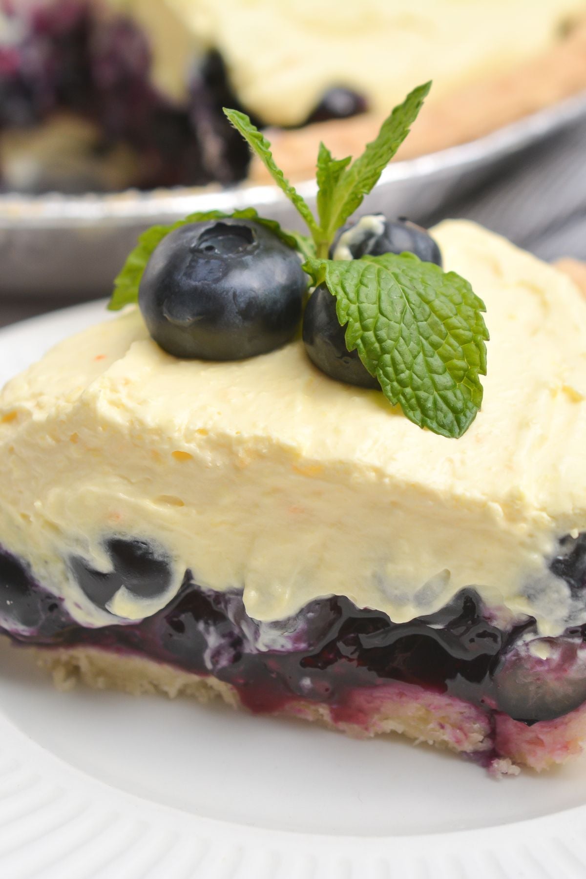 A slice of Blueberry Cream Pie topped with fresh blueberries and a sprig of mint sits elegantly on a white plate.