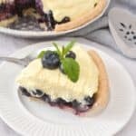 A slice topped with whipped cream, fresh fruit, and mint leaves sits on a white plate.