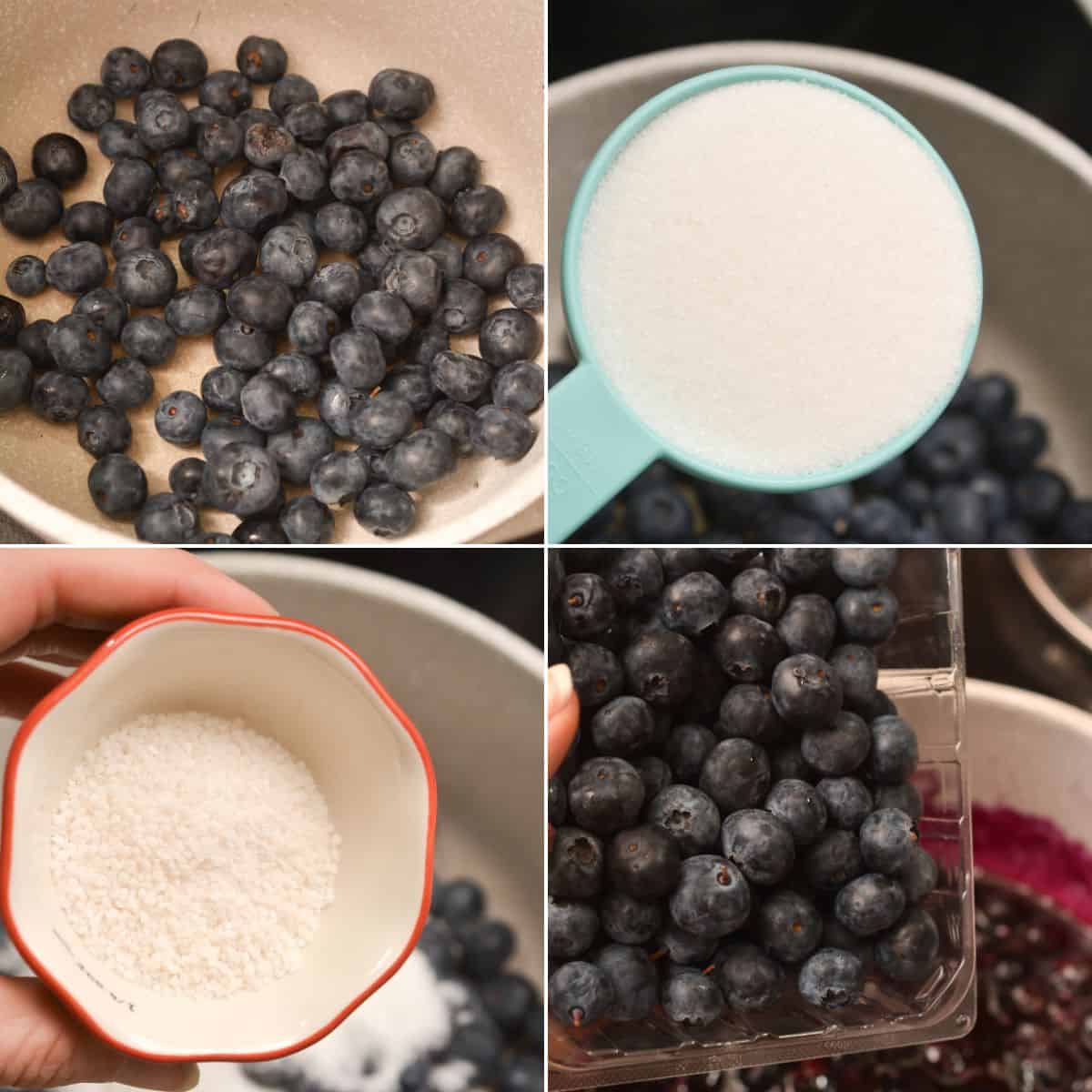 Four-panel collage featuring ingredients in a pot, a measuring cup of sugar, a small bowl of white sugar.