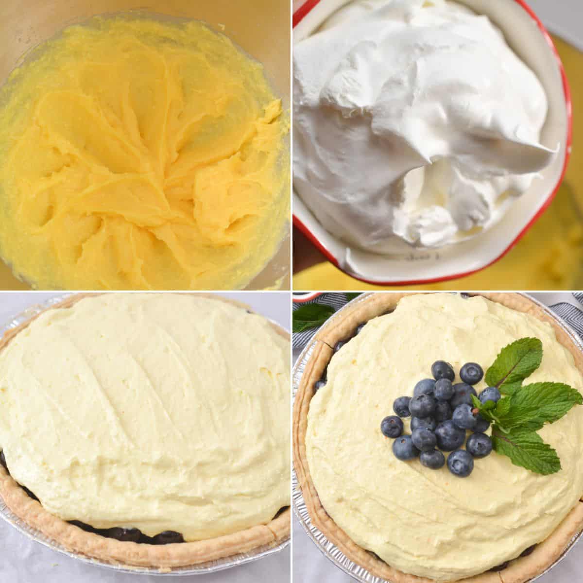 A four-image collage shows steps for making a Blueberry Cream Pie: whipped filling in a bowl, whipped cream ready, pie with creamy filling, and finished Blueberry Cream Pie topped with blueberries and mint.