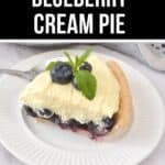A slice of Blueberry Cream Pie topped with fresh blueberries and a mint sprig is served on a white plate.