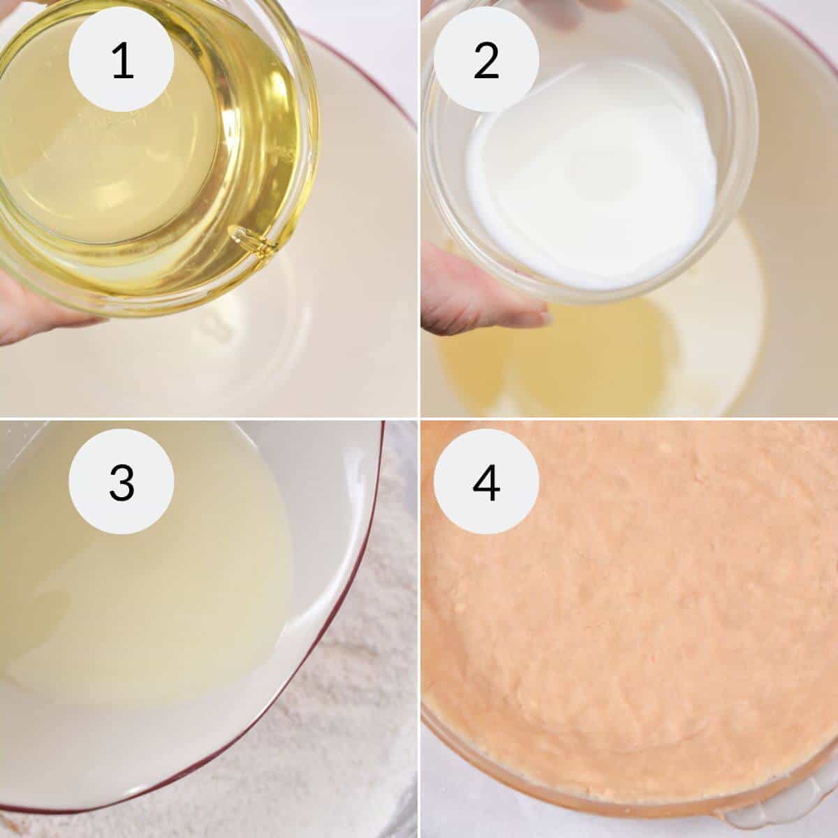 Four-step collage showing the process of mixing ingredients for Blueberry Crumb Pie. Step 1: Oil poured into a bowl. Step 2: Milk poured into the same bowl. Step 3: Combined liquids in the bowl. Step 4: Mixed batter in the bowl.
