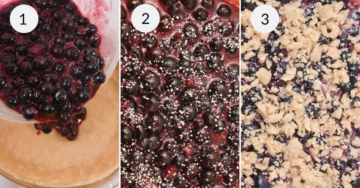 Pouring blueberry filling into a pie crust, spreading it evenly, and topping the unbaked masterpiece with a sweet crumble transforms it into the perfect Blueberry Crumb Pie.