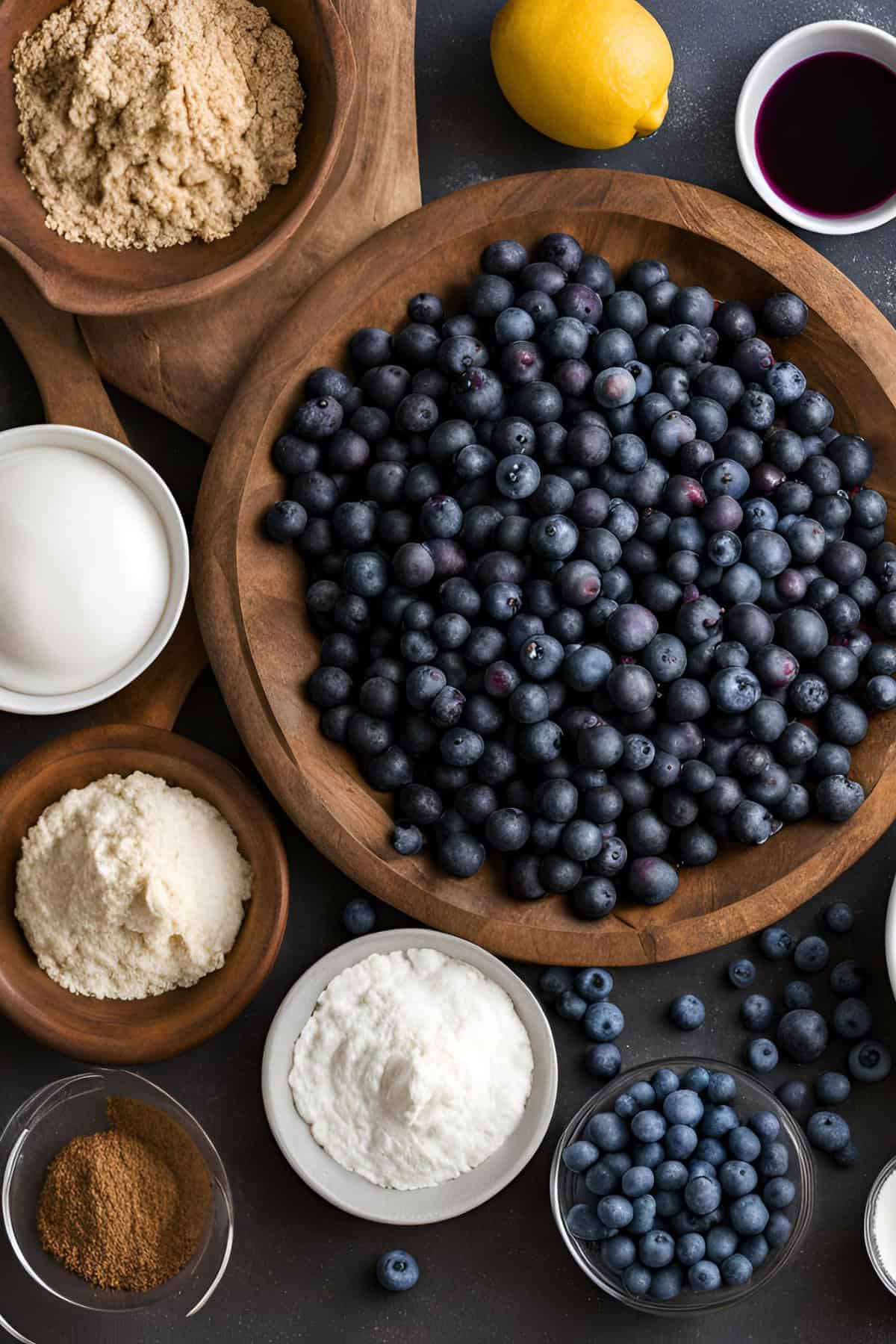 A wooden bowl filled with fresh fruit is surrounded by bowls containing brown sugar, lemon, yogurt, berry juice, flour, and other baking ingredients on a dark surface—perfect for creating a delicious dessert.