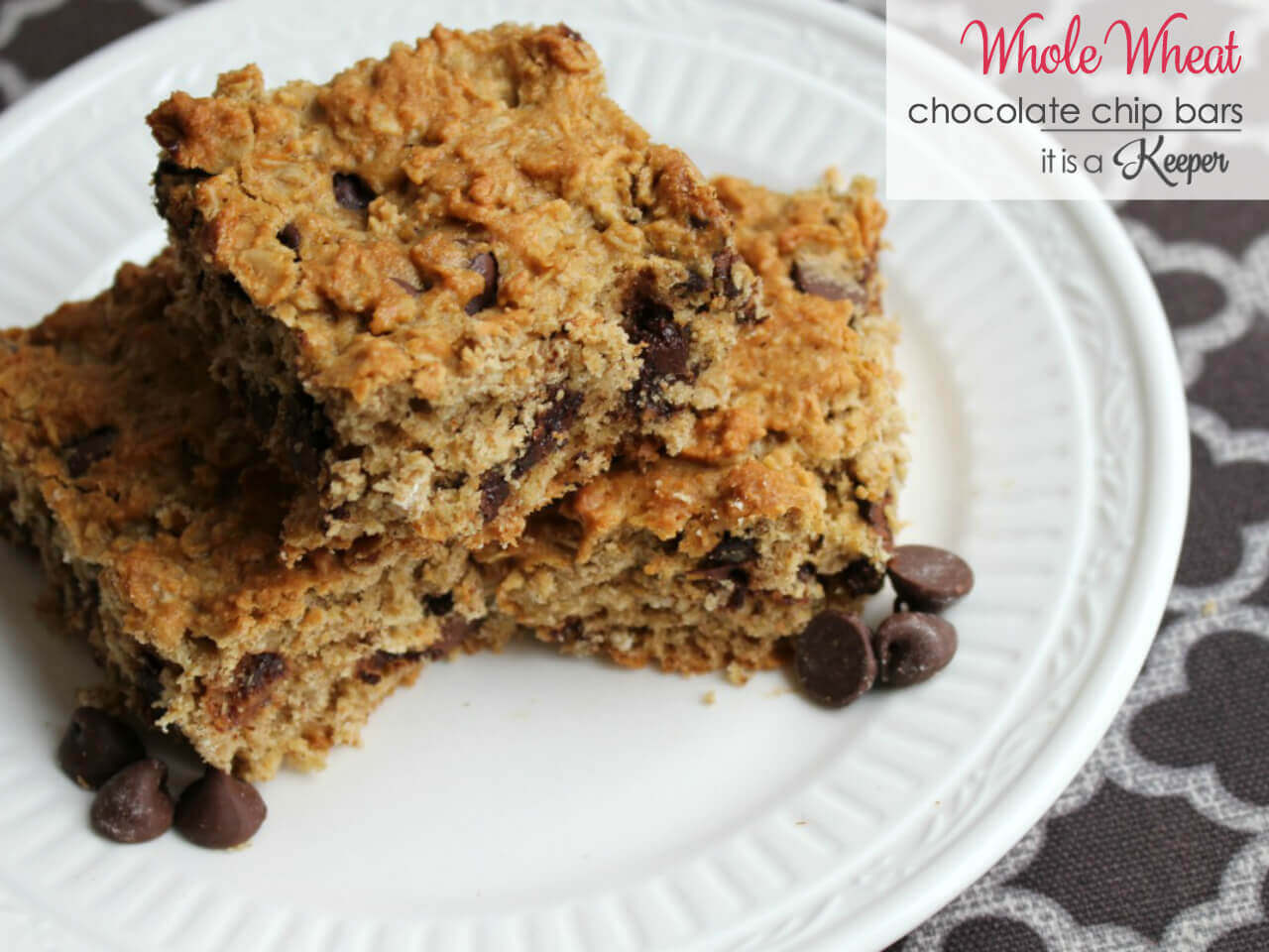 Whole Wheat Chocolate Chip Bars on a white plate