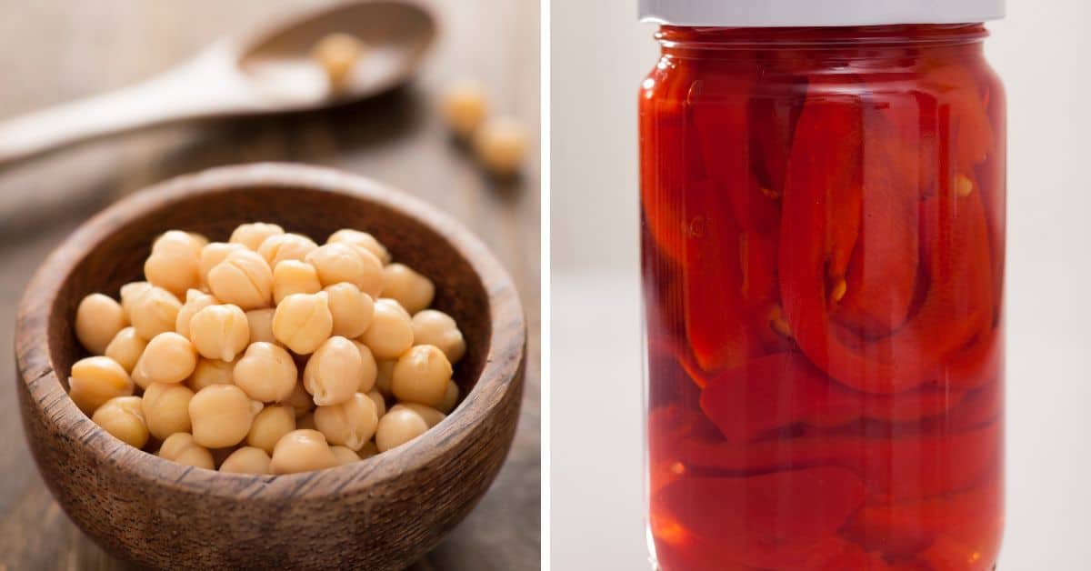 A bowl of chickpeas sits invitingly beside a jar of roasted red pepper hummus.