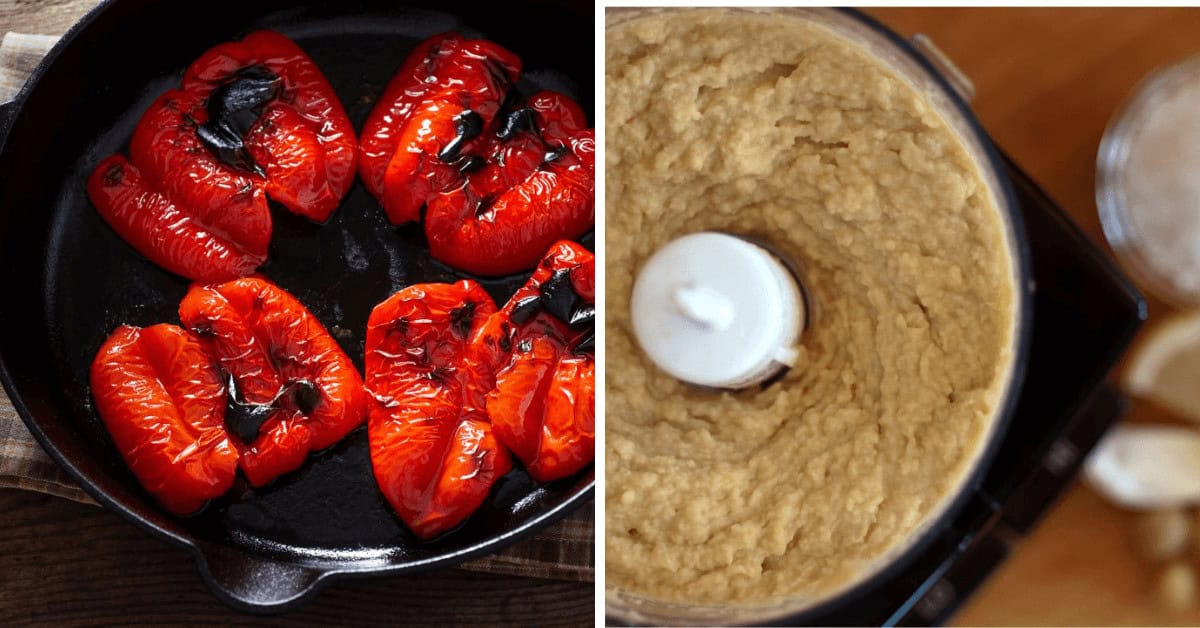 Charred red bell peppers in a skillet on the left, blended into smooth roasted red pepper hummus in a food processor on the right.