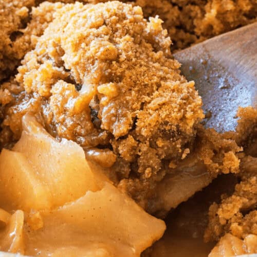 Close-up of Crock Pot Apple Crisp with a crumbly brown sugar topping, featuring tender apple slices underneath, in a baking dish.