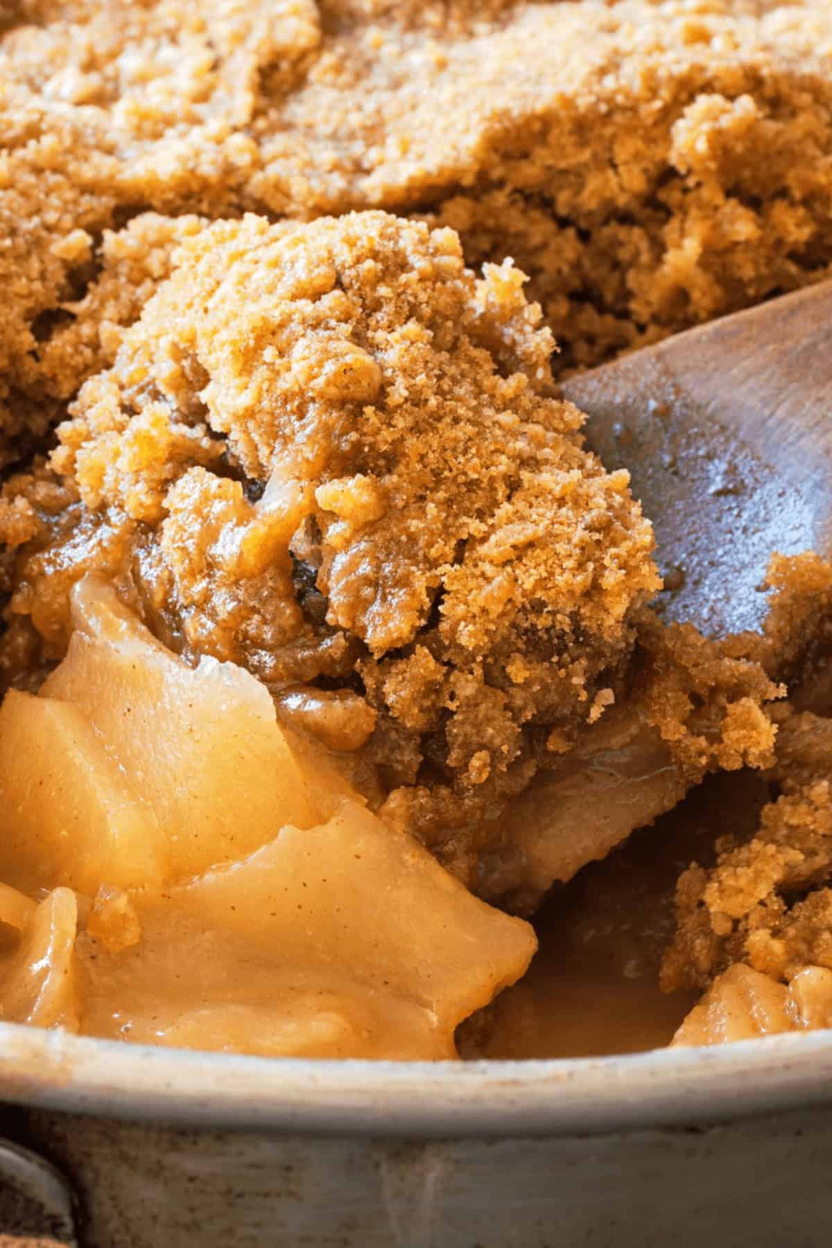 Close-up of Crock Pot Apple Crisp with a crumbly brown sugar topping, featuring tender apple slices underneath, in a baking dish.