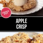A plate of Crock Pot Apple Crisp topped with a scoop of vanilla ice cream sits invitingly, with a fork beside it.