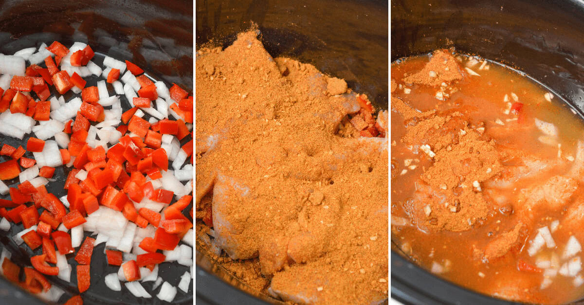 Three-step cooking process: diced onions, red peppers, and tender chicken in the first step; added spices in the second; rich cream cheese and chili spices mixed with liquid in the third.