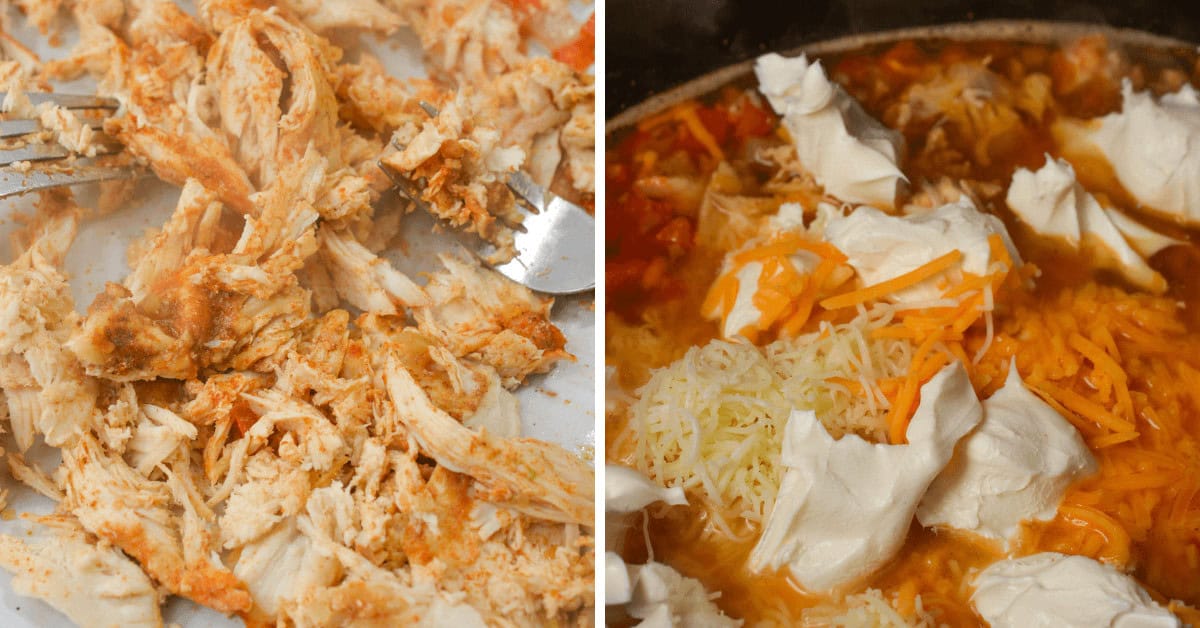 On the left, find shredded chicken seasoned with spices. To the right, indulge in a pot of Cream Cheese Chicken Chili, topped with melted cheese and rich cream that promises to satisfy every craving.