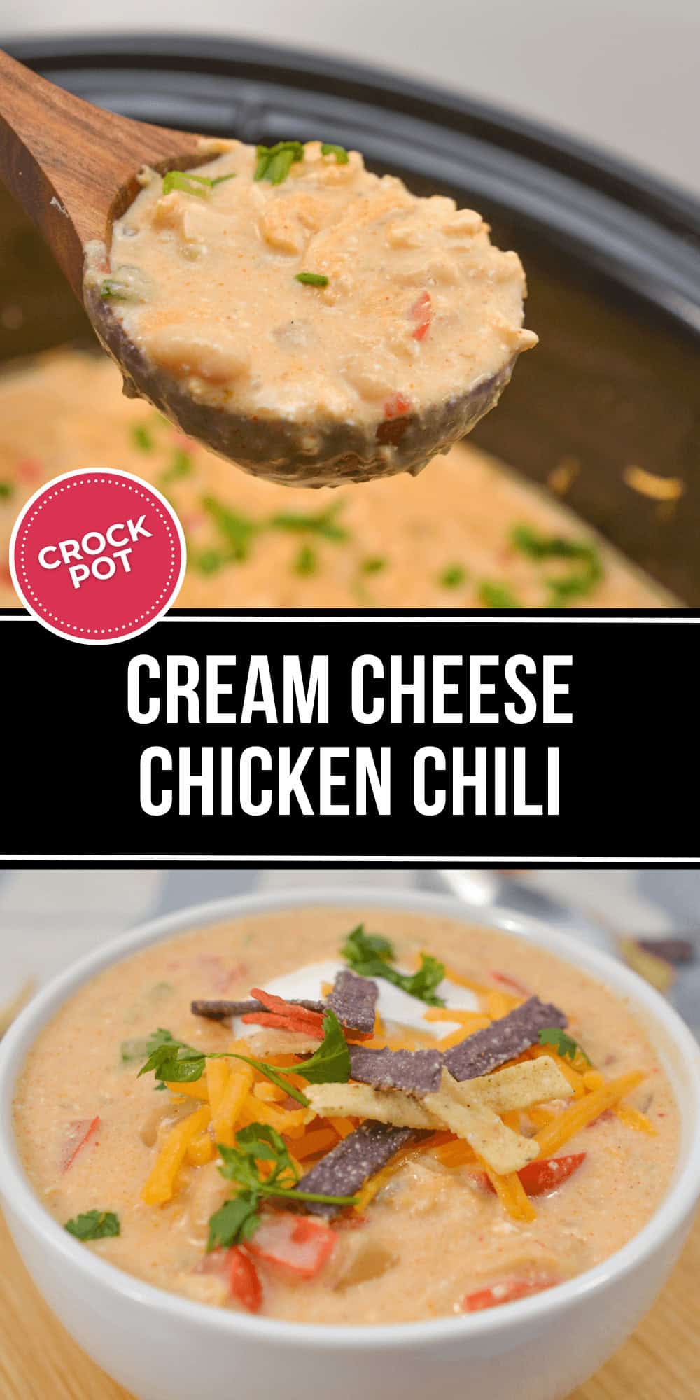 A spoonful of Cream Cheese Chicken Chili hovers above a slow cooker, while below, a bowl is beautifully adorned with shredded cheese, tortilla strips, and fresh herbs.
