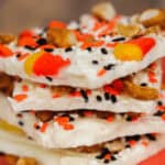 A finished stack of halloween bark.