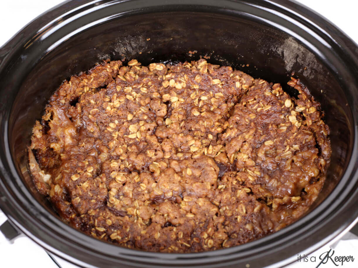 golden brown Apple Crisp in a slow cooker