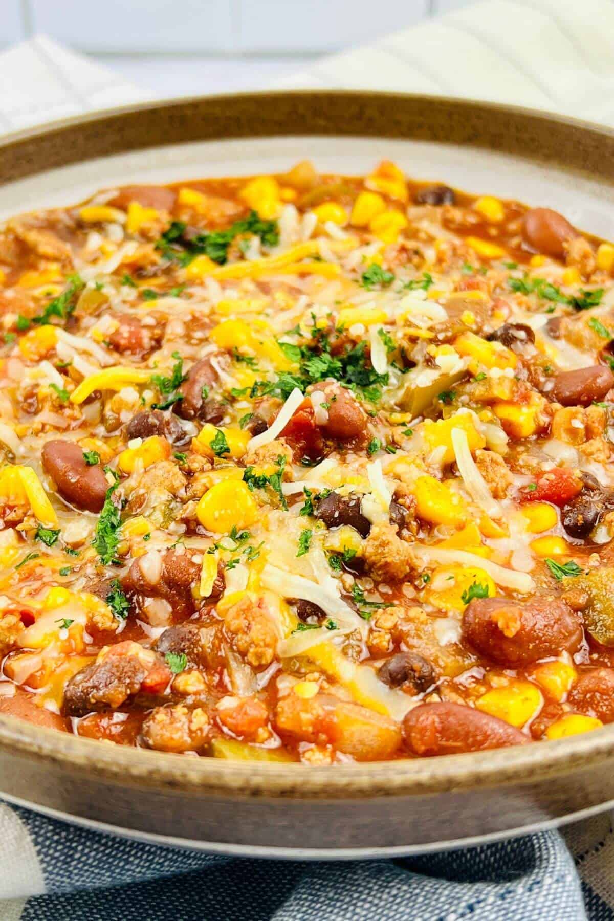 A bowl of the tempting slow cooker taco chili.