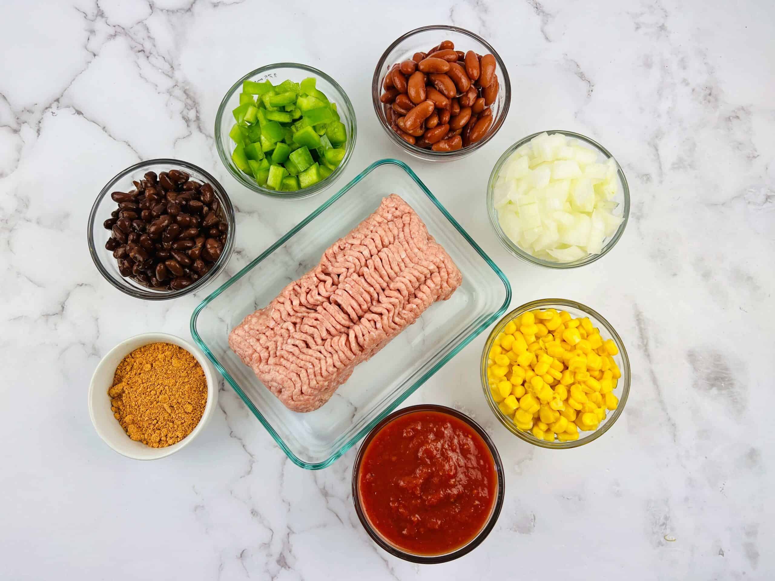 Vegetables, meat and items for the soup.