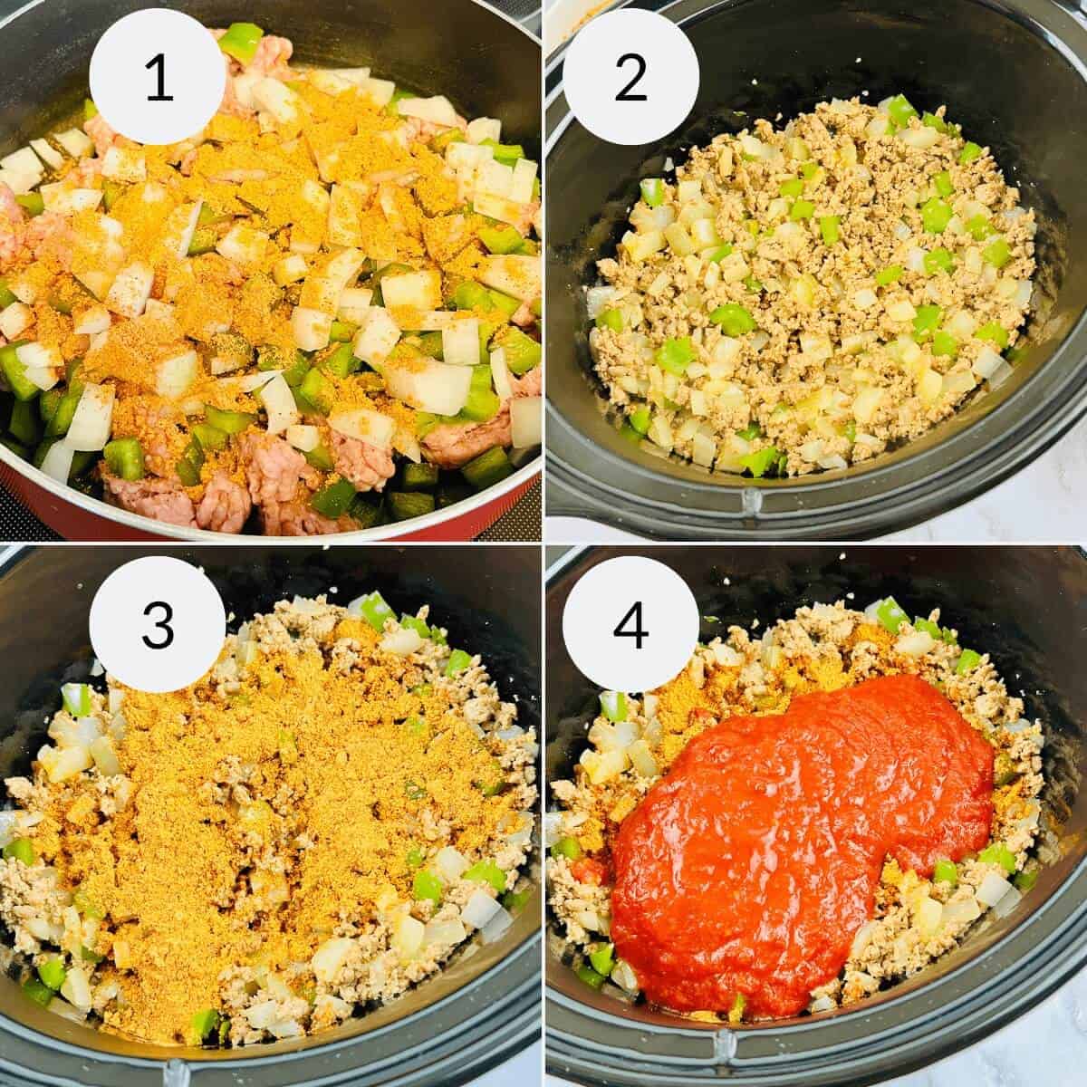 Layering the ingredients for the  best slow cooker chili .