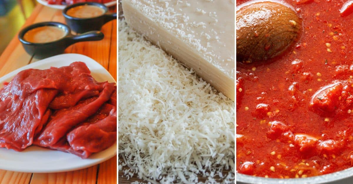 Sauce, meat and cheese.