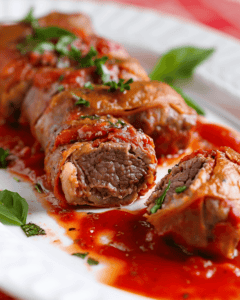 Italian Braciole with tomato sauce on a white plate.