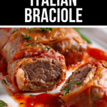 A plate of Italian braciola, traditionally known as braciole, with sauce on it.