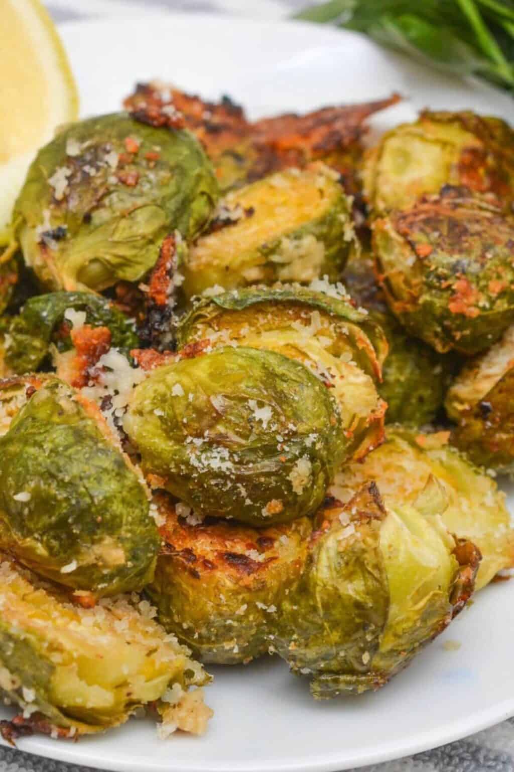 A closeup of the parmesan crusted brussels sprouts.